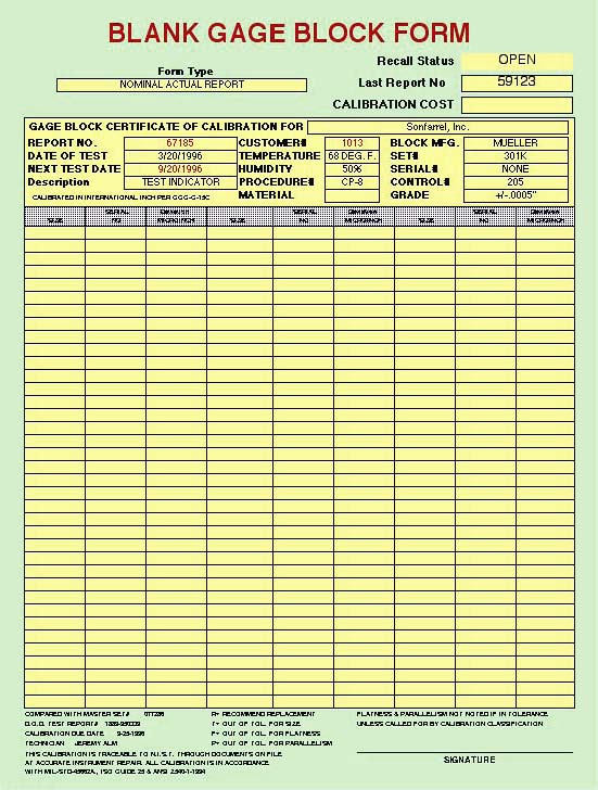 Blank Gage Block Form