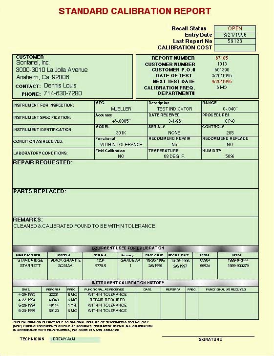 Standard Calibration Report