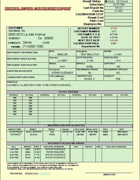 Nominal Actual Calibration Report