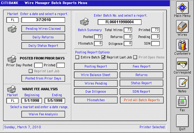 Wire Manager Batch Report Menu