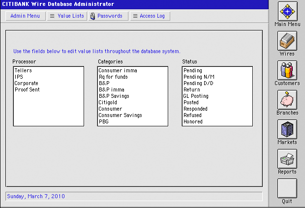 Wire Database Administrator Value List