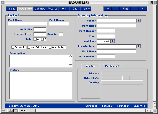 Parts Data Entry