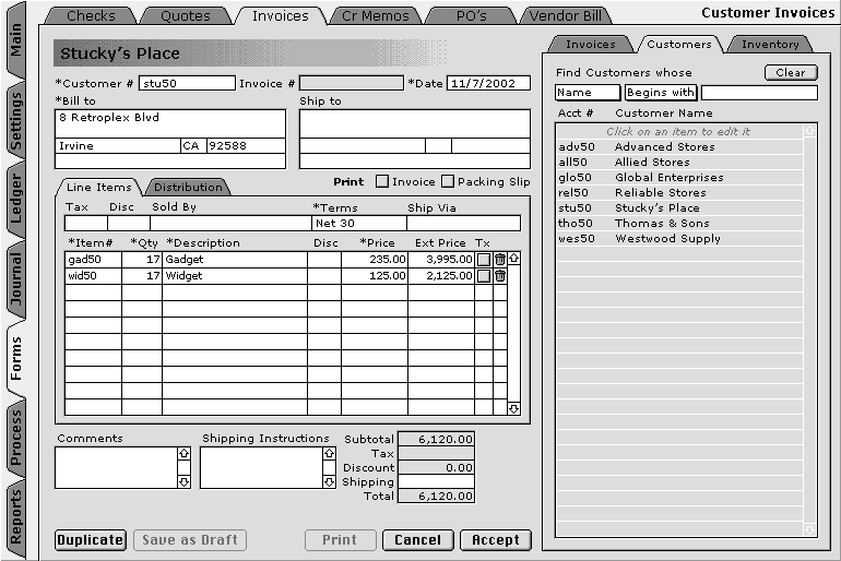 Invoice Form and Customer List