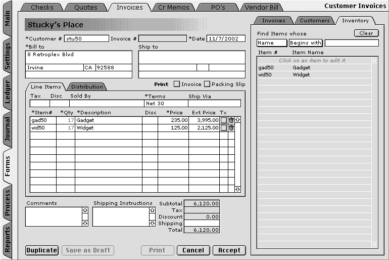 Invoice Form and Inventory List