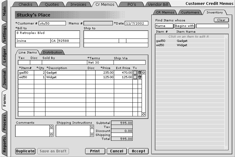 Credit Memo and Inventory List